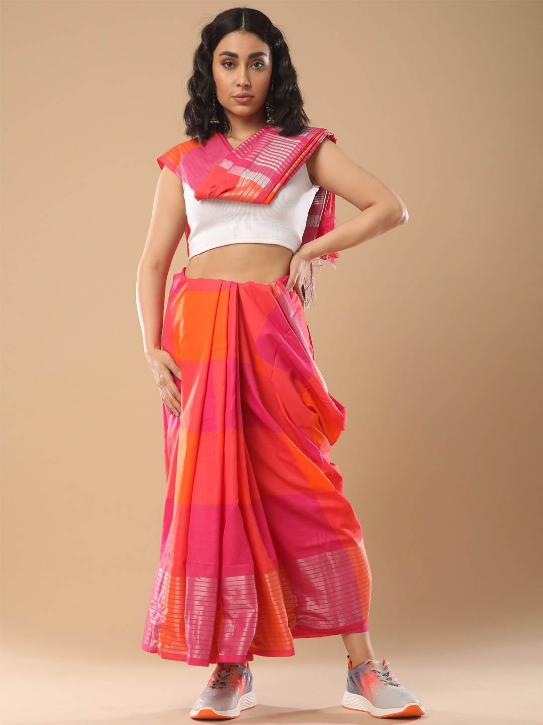 

Mitera Colorblocked Zari Saree, Pink
