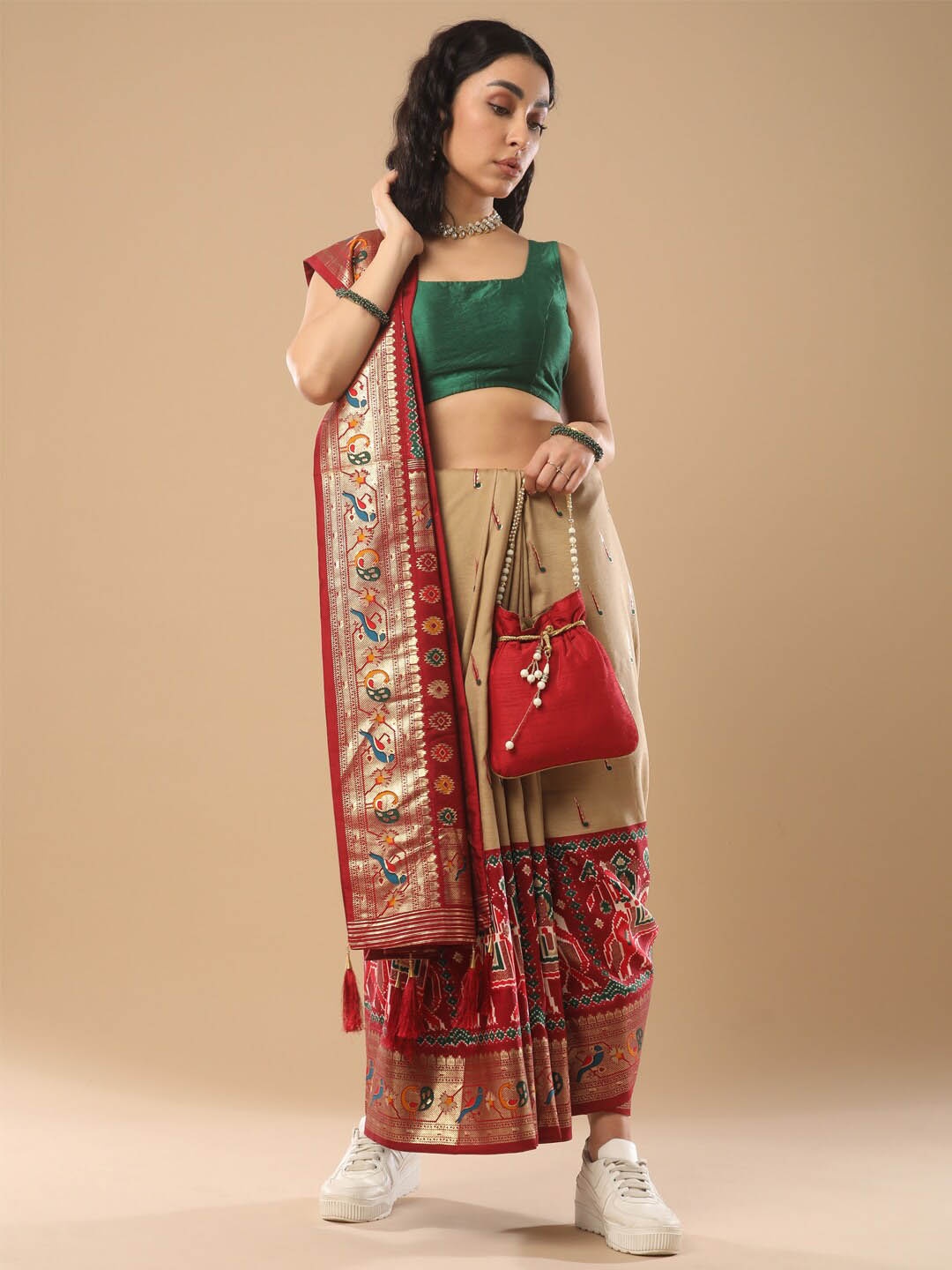 

Mitera Woven Design Zari Silk Blend Patola Saree, Cream