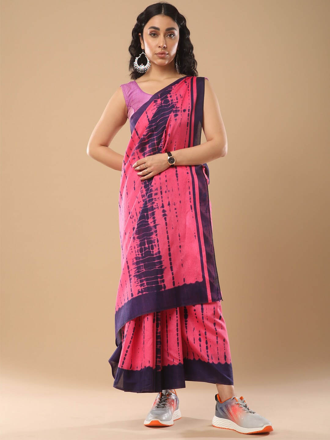 

Mitera Tie and Dye Block Printed Saree, Pink