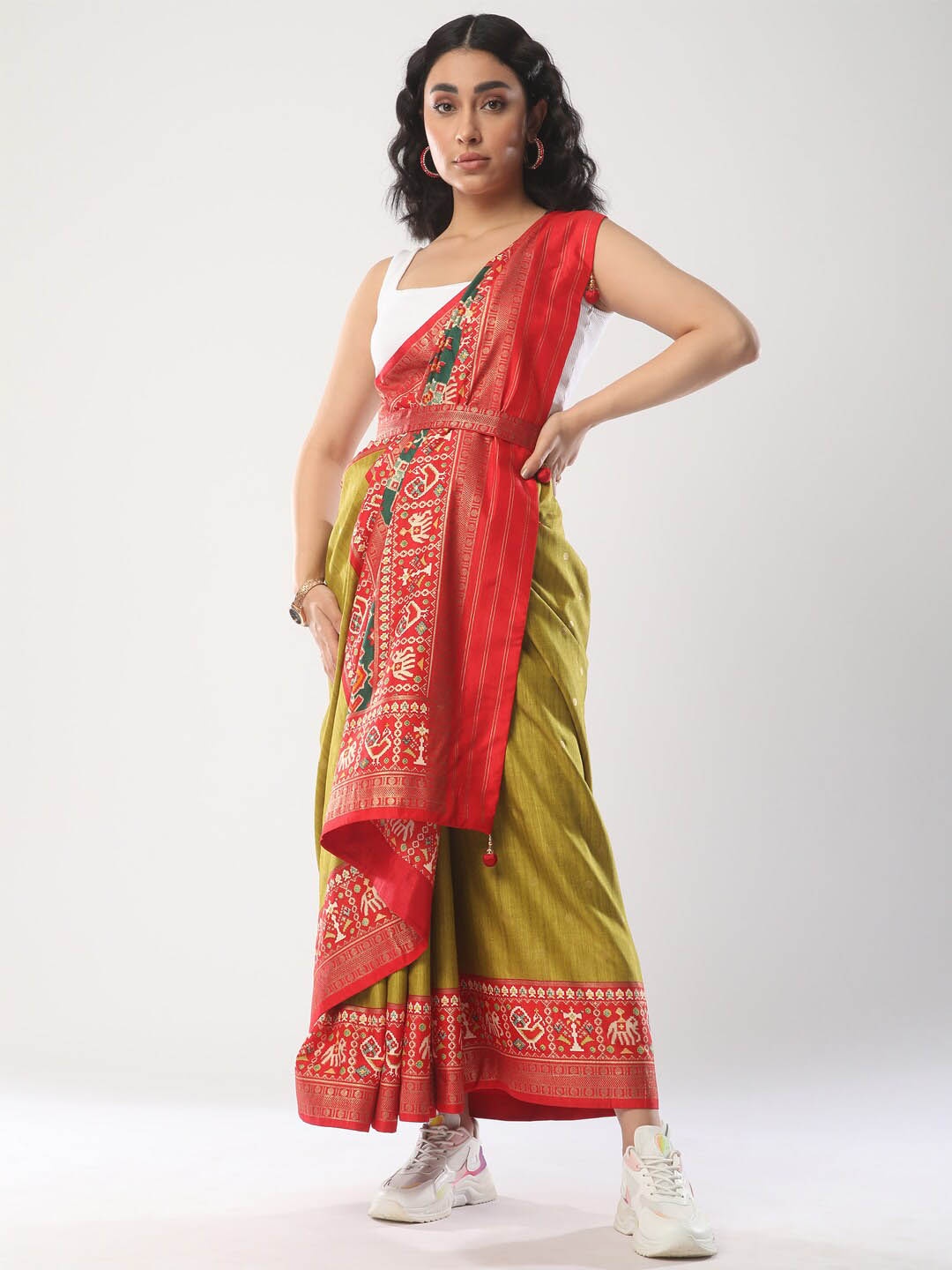 

Mitera Olive Green & Red Ethnic Motifs Woven Design Zari Patola Saree