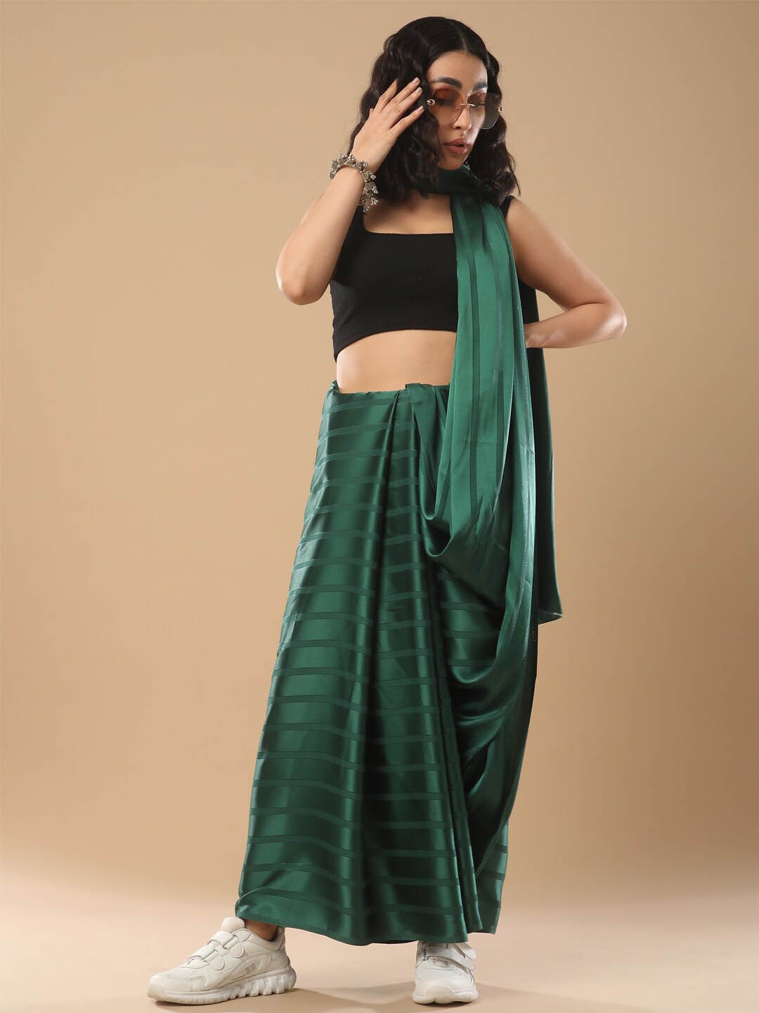 

Mitera Striped Satin Saree, Green