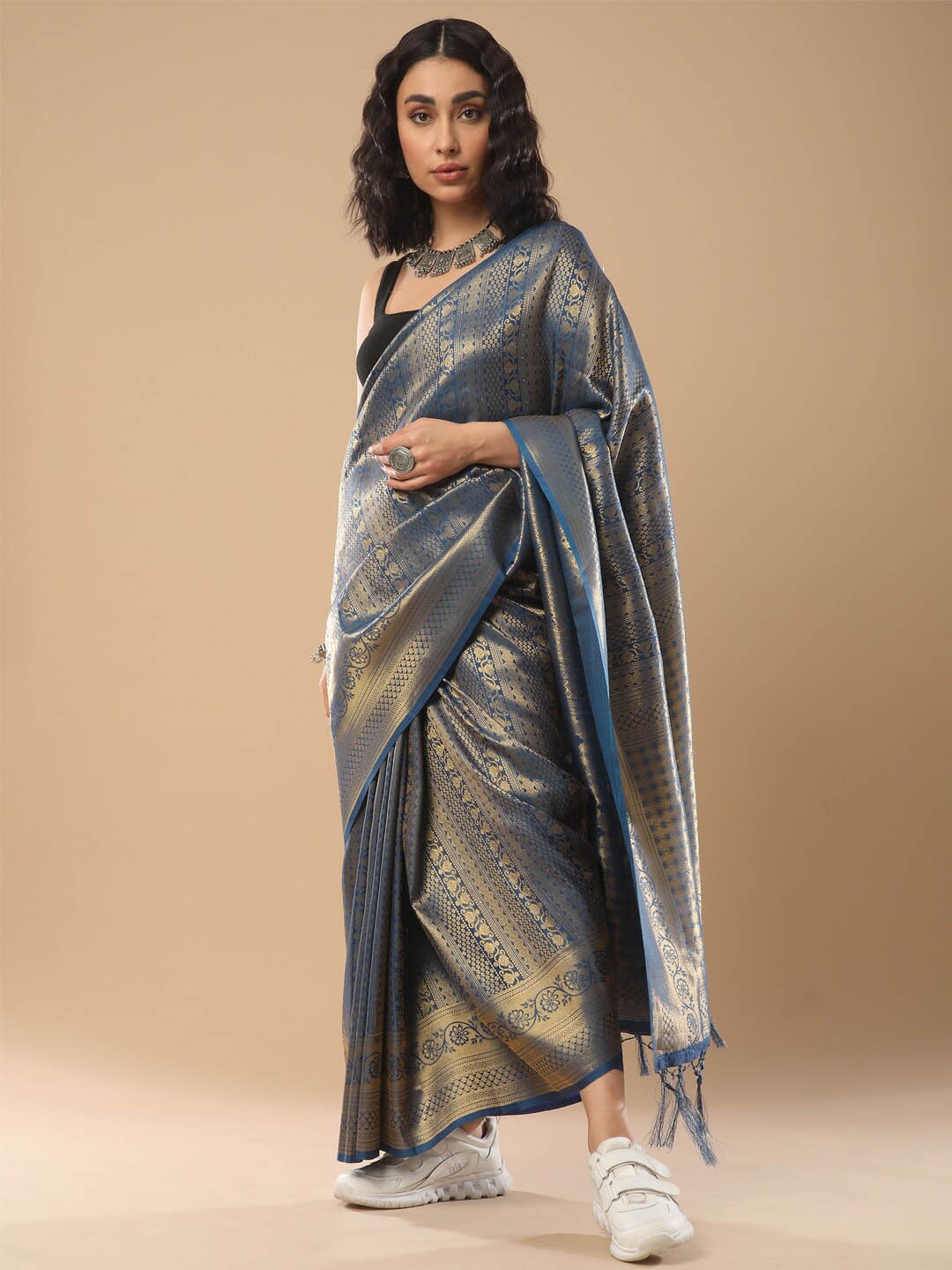 

Mitera Ethnic Motifs Woven Design Zari Detail Banarasi Saree, Blue