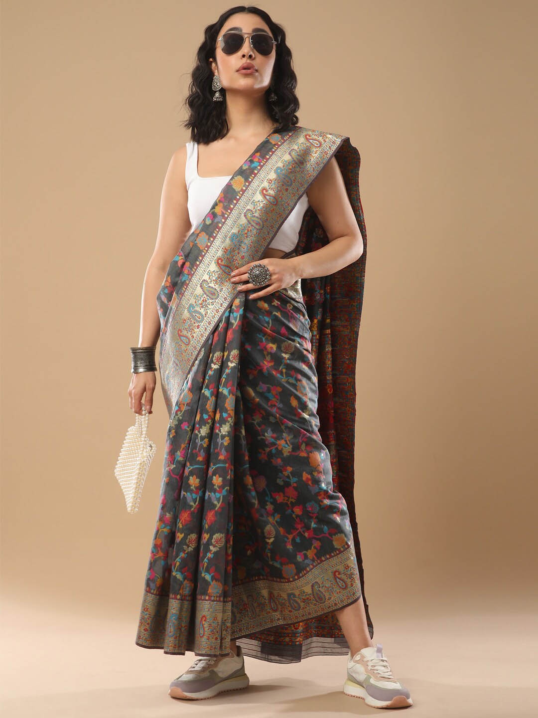 

Mitera Grey & Orange Floral Woven Design Zari Saree