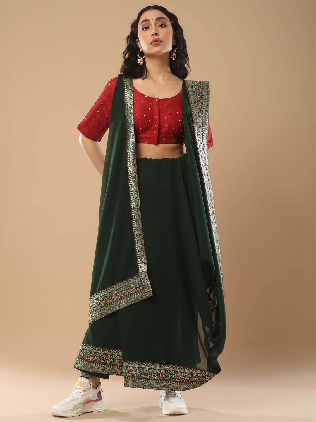 

Mitera Green Red Woven Design Zari Poly Georgette Saree