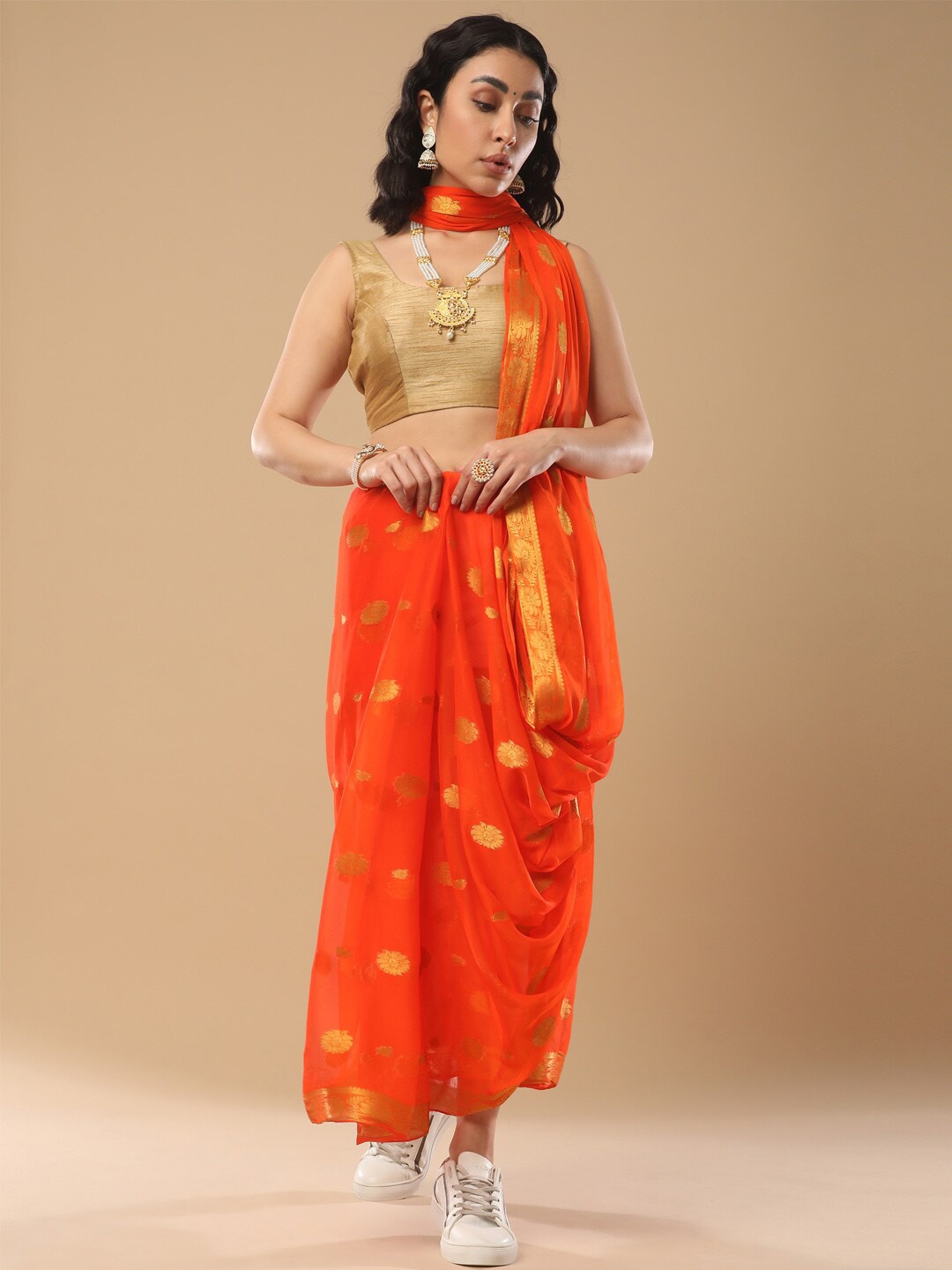 

Mitera Ethnic Motifs Woven Design Zari Detail Saree, Orange