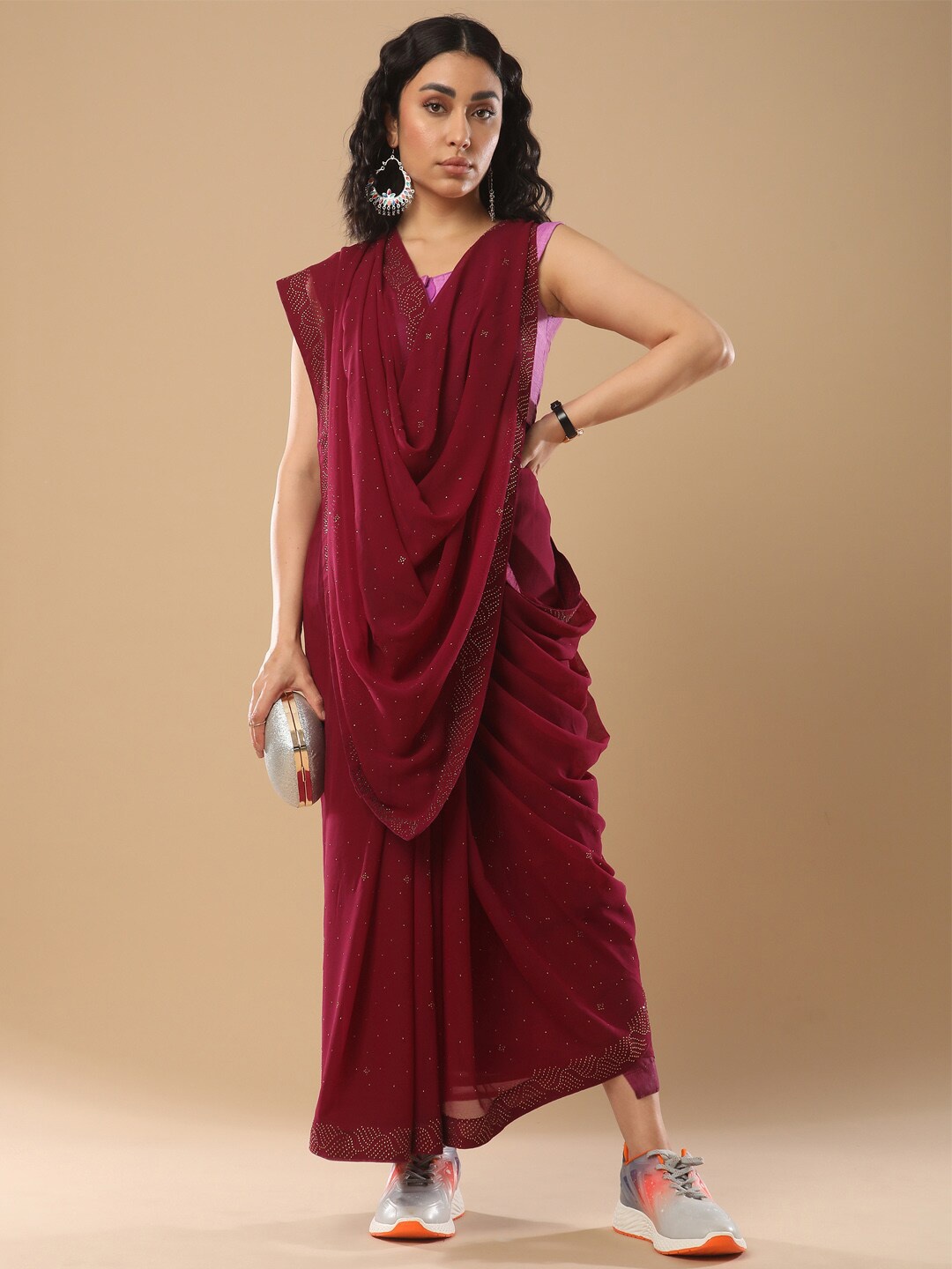 

Mitera Magenta Embellished Mukaish Poly Georgette Saree