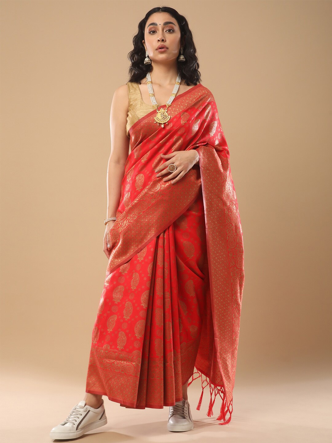 

Mitera Red & Gold Toned Ethnic Motifs Woven Design Zari Banarasi Saree