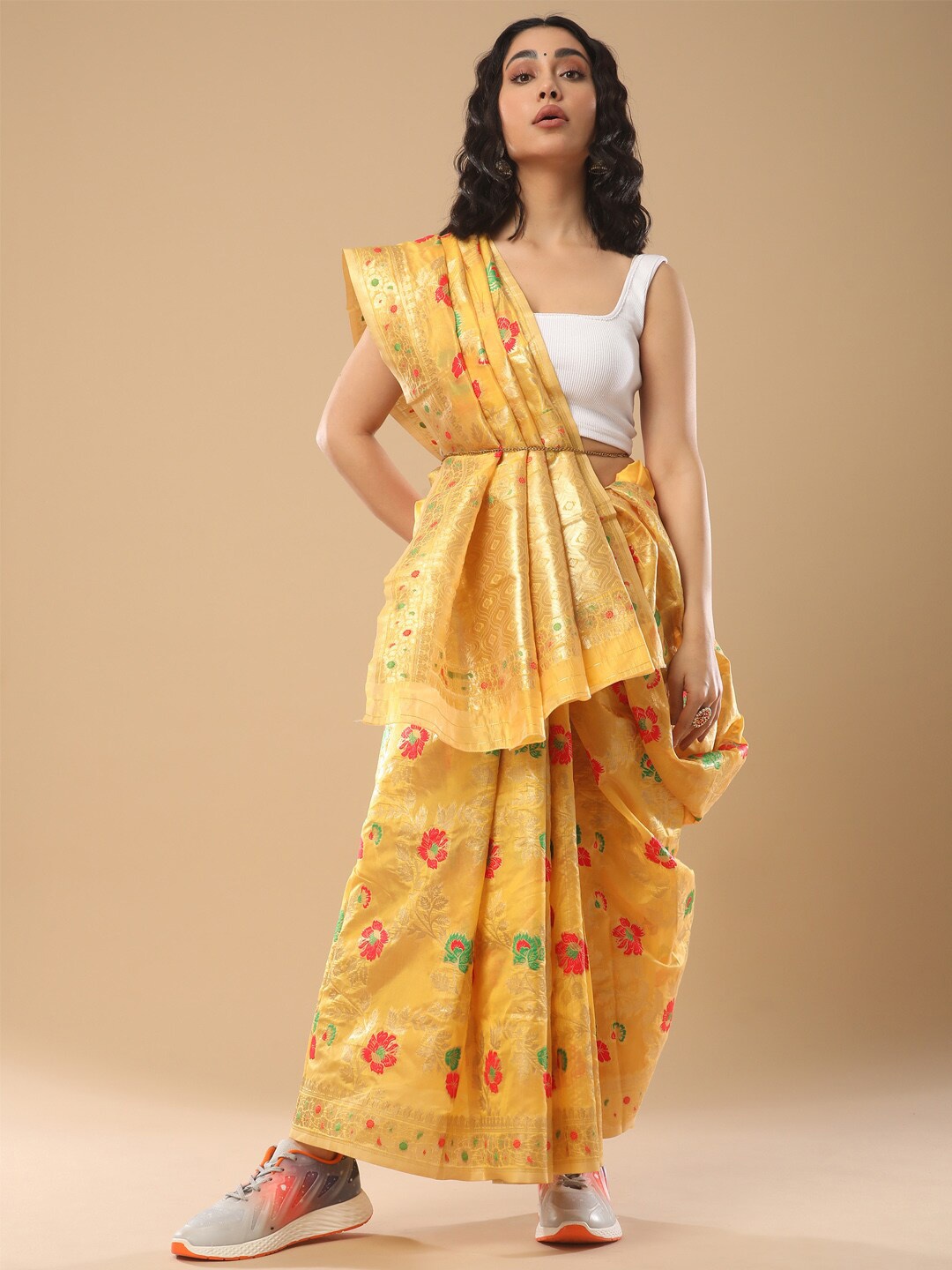 

Mitera Yellow Ethnic Motifs Woven Design Zari Organza Banarasi Saree