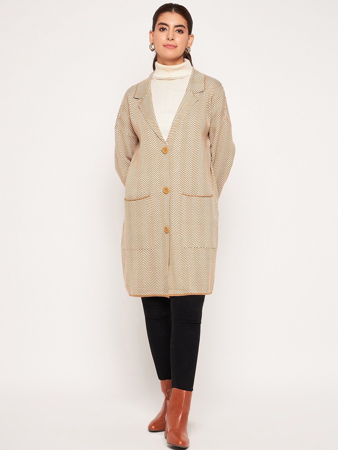 

Camey Geometric Woollen Collared Coat, Beige