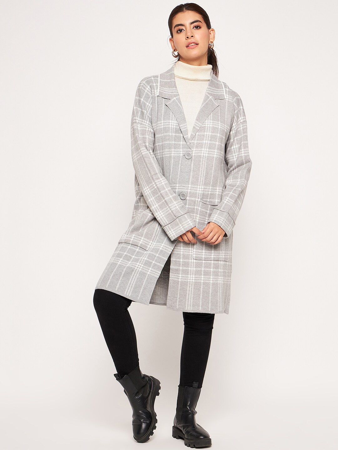 

Camey Checked Woollen Longline Overcoat, Grey