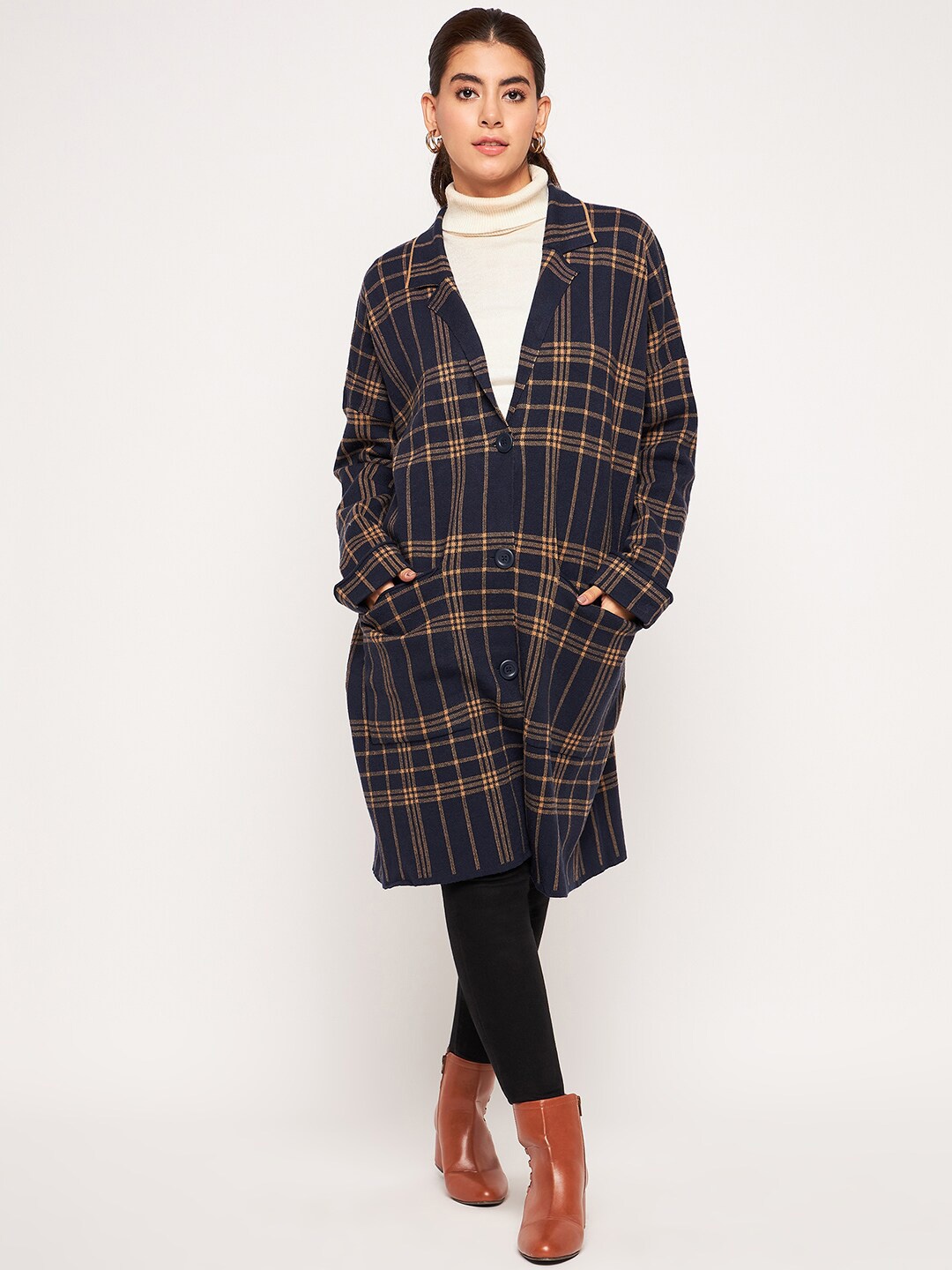 

Camey Checked Woolen Collared Longline Overcoat, Navy blue
