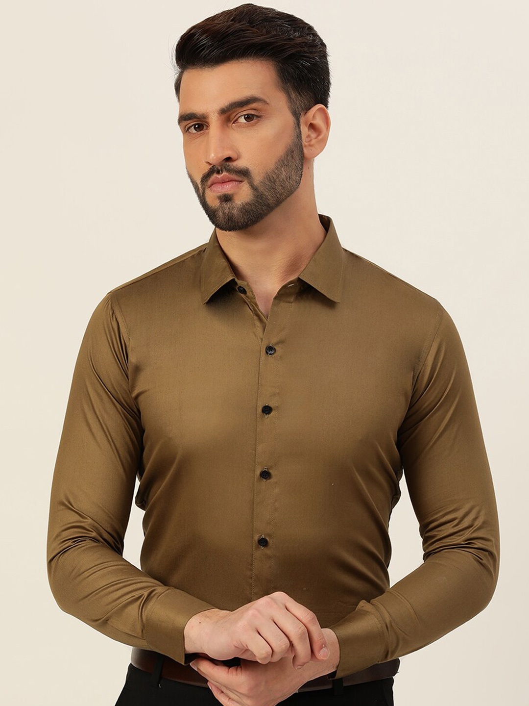 

JAVINISHKA Spread Collar Classic Slim Fit Opaque Semiformal Shirt, Olive