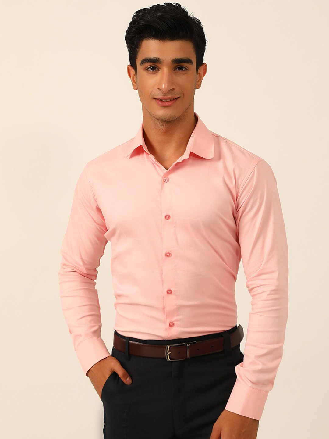 

JAVINISHKA Classic Slim Fit Checked Satin Pure Cotton Formal Shirt, Peach