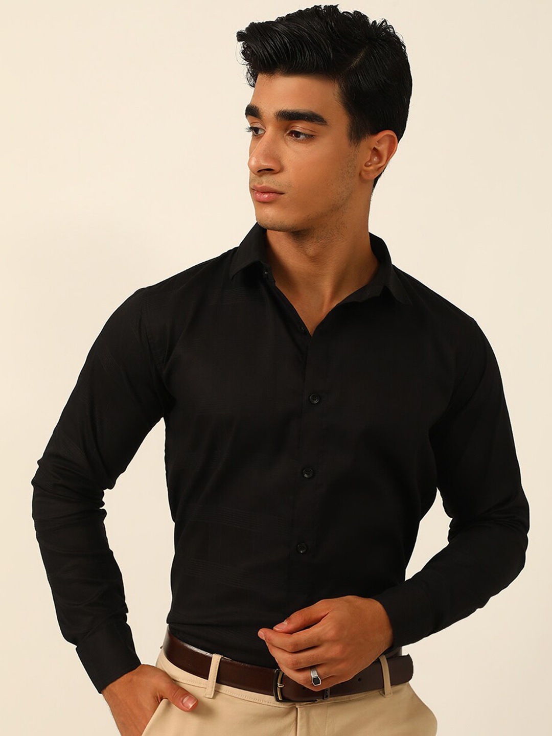 JAVINISHKA Spread Collar Classic Tailored Fit Opaque Formal Shirt, Black