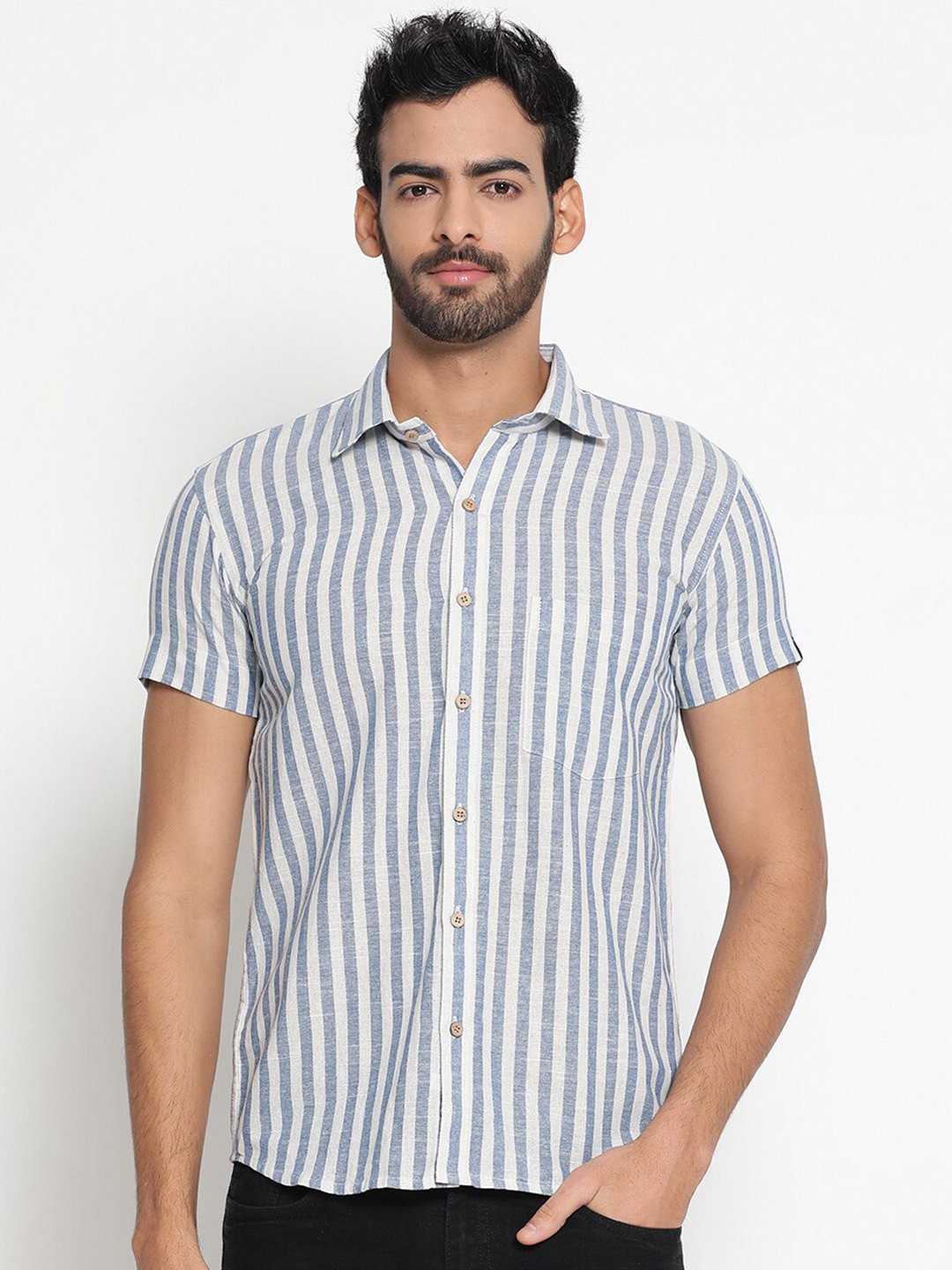 

JAVINISHKA Classic Vertical Stripes Linen Casual Shirt, White