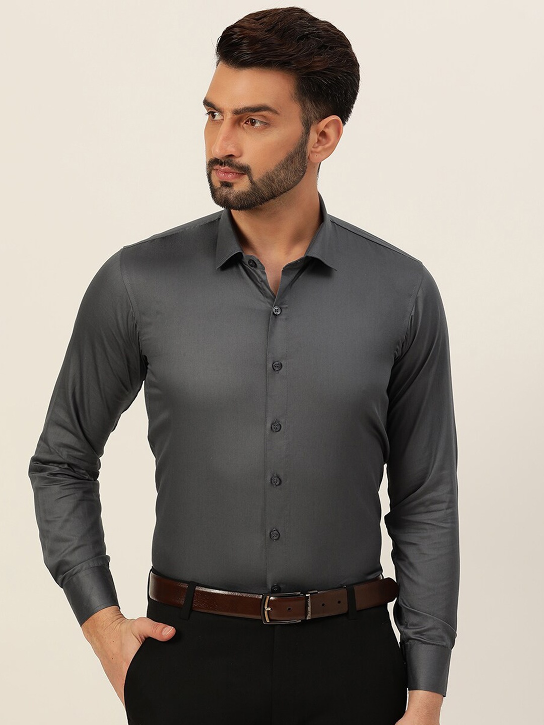 

JAVINISHKA Classic Slim Fit Spread Collar Pure Cotton Formal Shirt, Grey