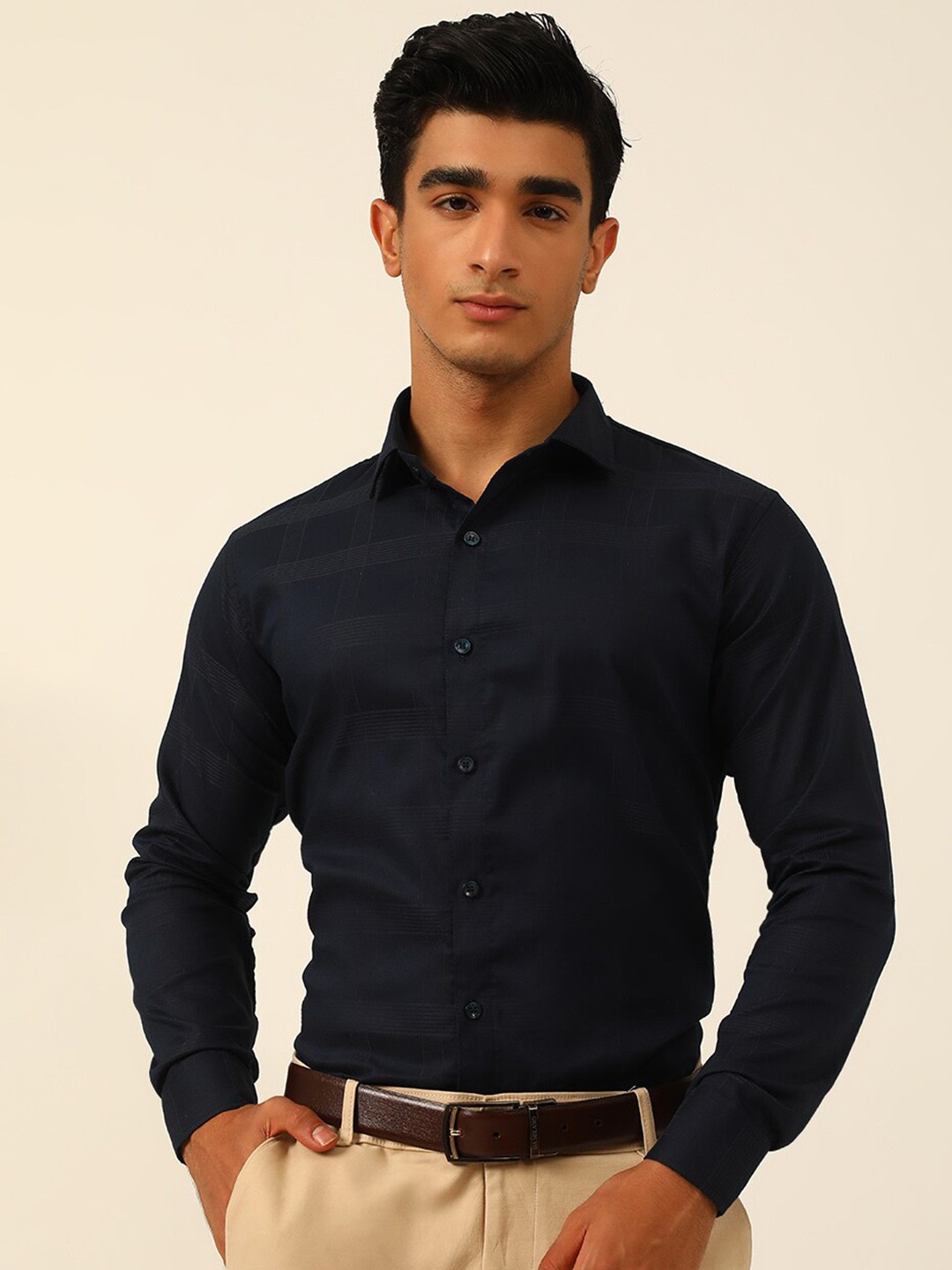 

JAVINISHKA Classic Slim Fit Checked Satin Pure Cotton Formal Shirt, Navy blue