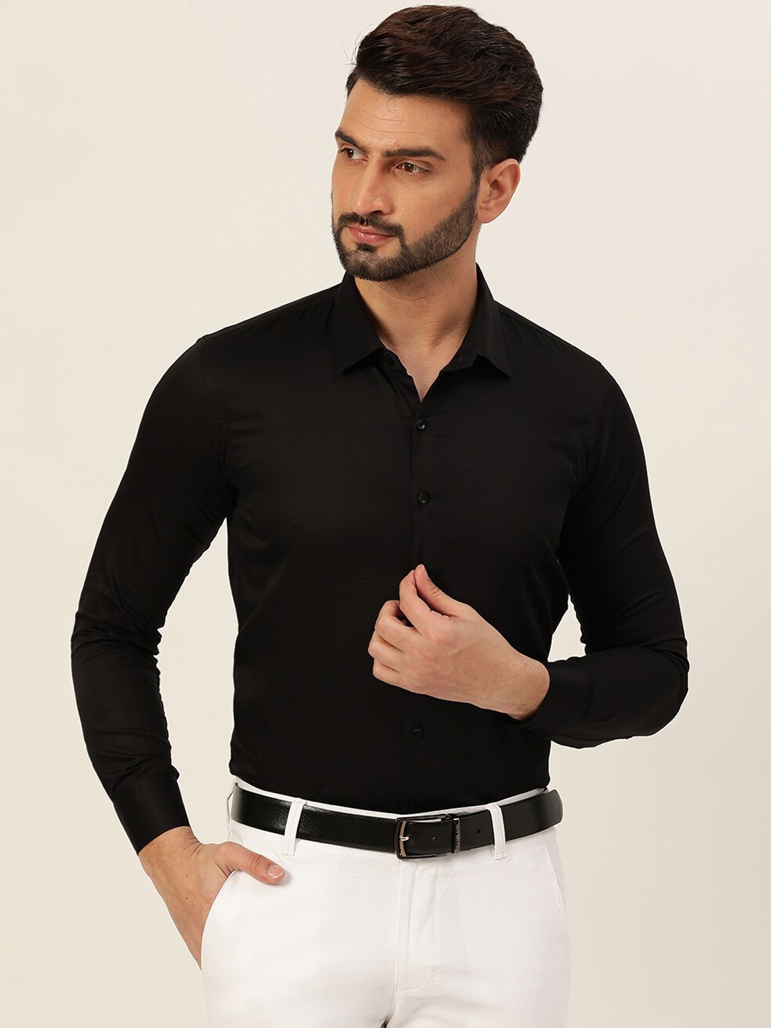 

JAVINISHKA Classic Slim Fit Spread Collar Cotton Casual Shirt, Black