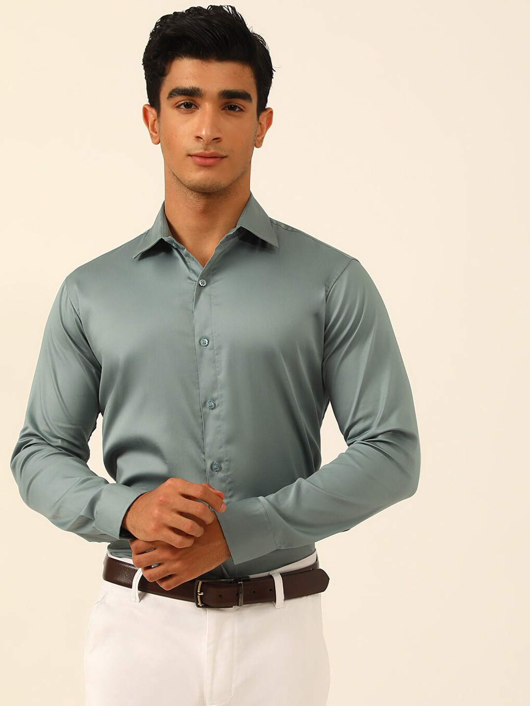 JAVINISHKA Classic Tailored Fit Opaque Formal Shirt, Green