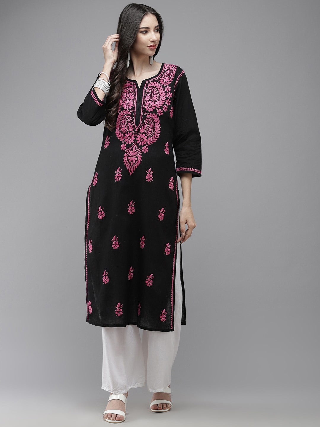 

ADA Ethnic Embroidered Lucknowi Chikankari Straight Kurta, Black