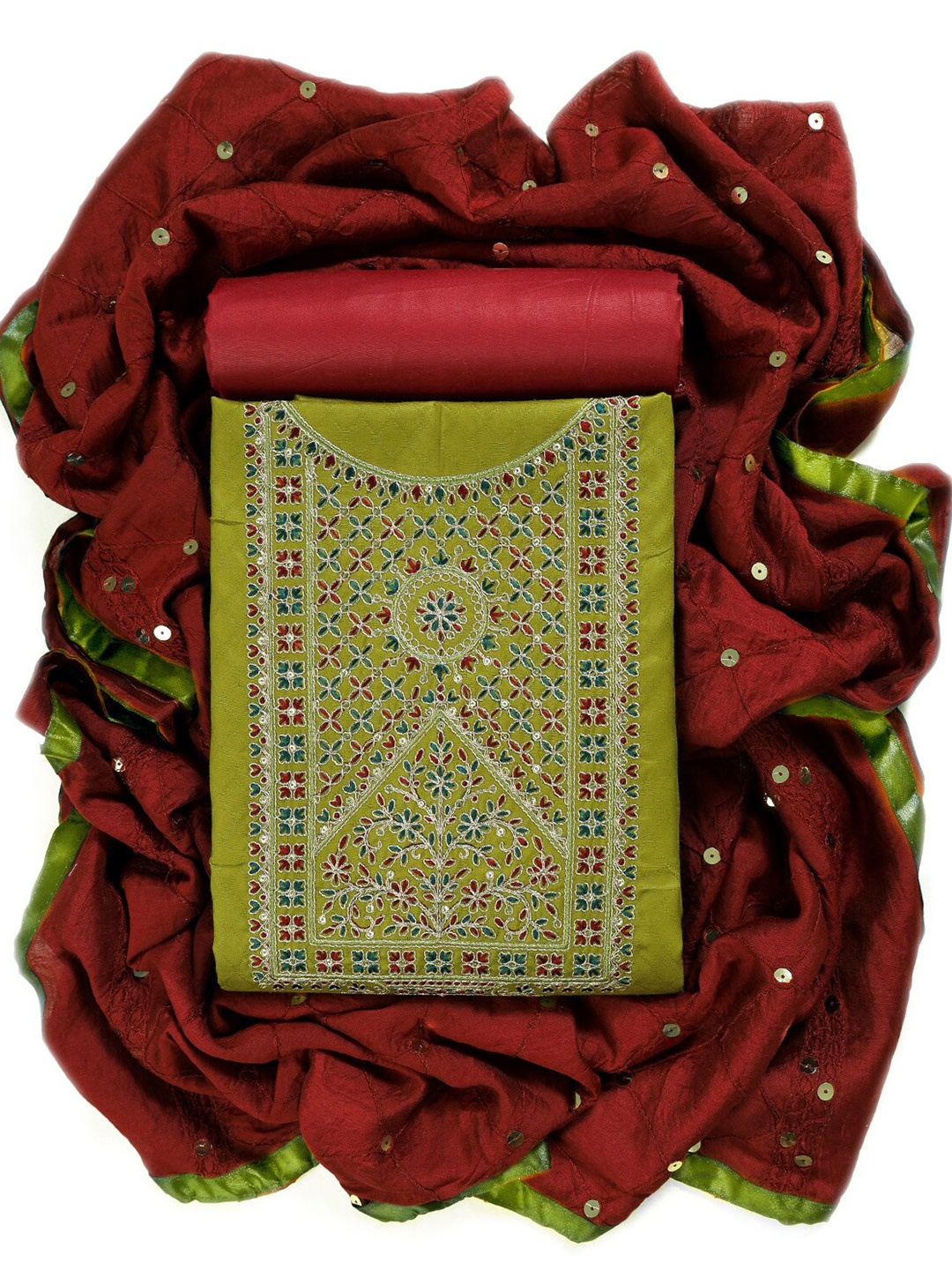 

Sun Fashion And Lifestyle Ethnic Motifs Embroidered Sequinned Unstitched Dress Material, Lime green
