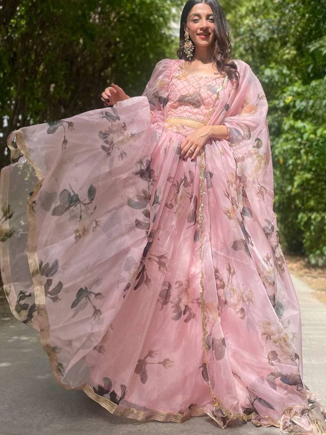 

KALINI Floral Printed Ready to Wear Organza Lehenga & Blouse With Dupatta, Pink