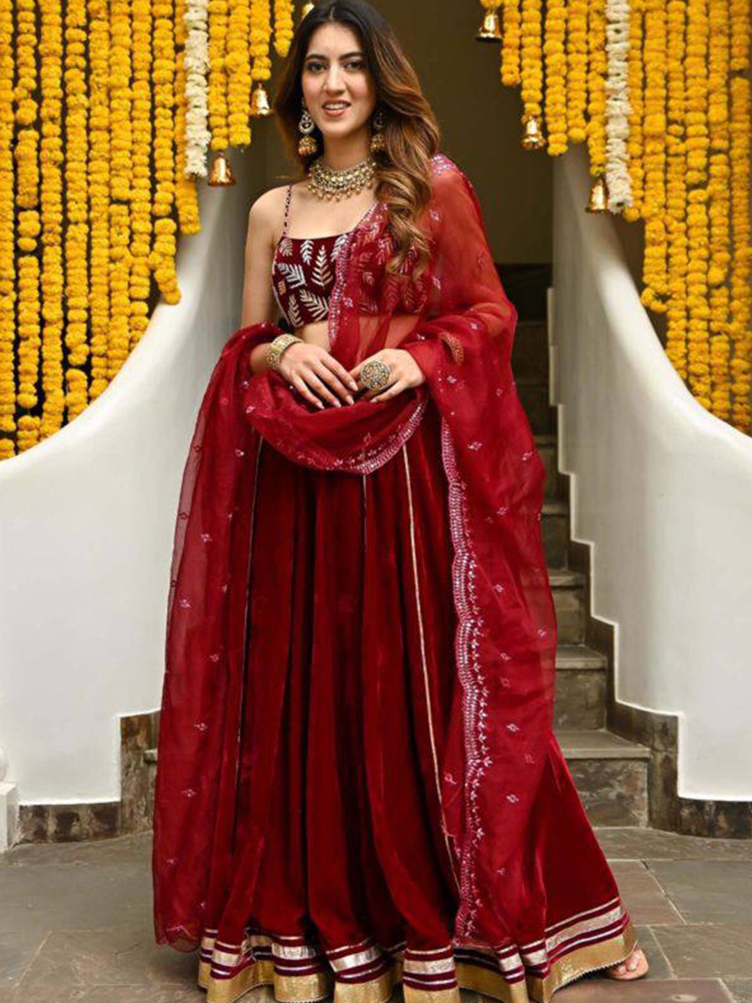 

KALINI Embroidered Thread Work Velvet Ready to Wear Lehenga & Blouse With Dupatta, Maroon