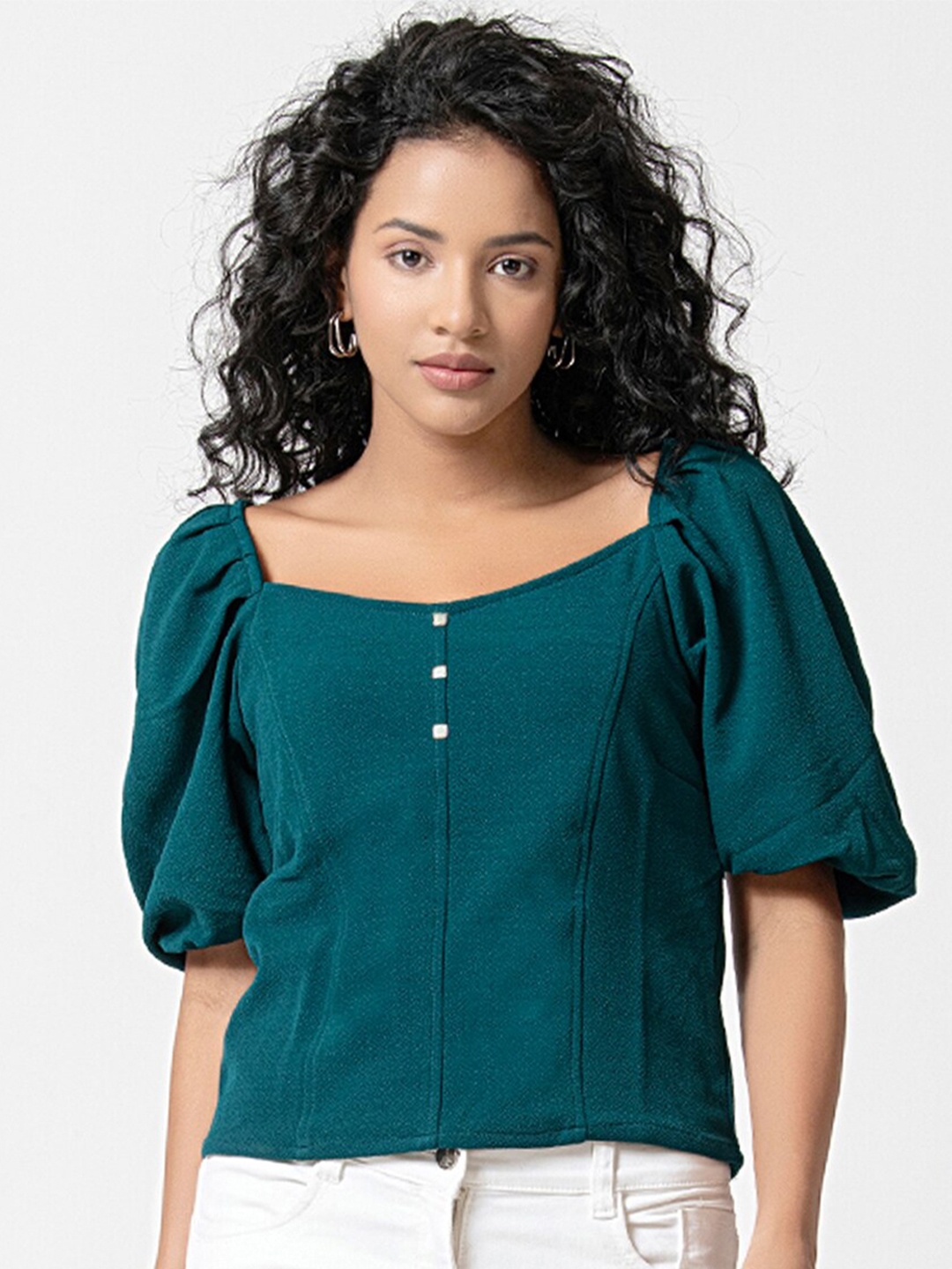 

urSense Square Neck Puff Sleeves Top, Green
