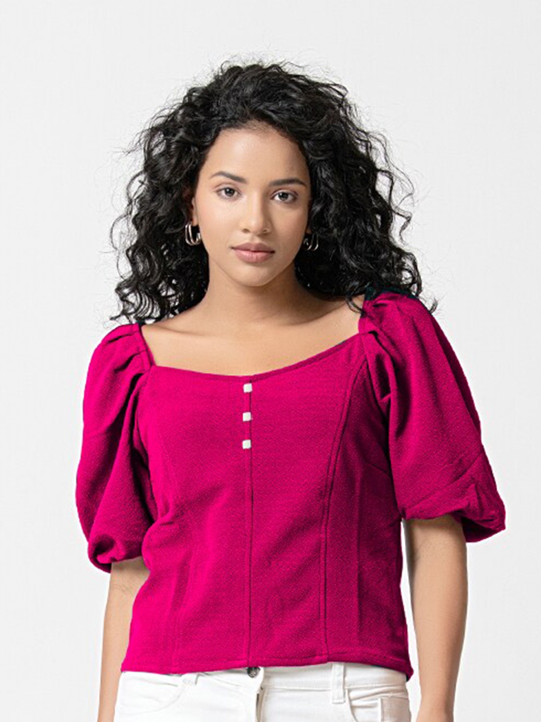 

urSense Square Neck Puff Sleeves Top, Fuchsia