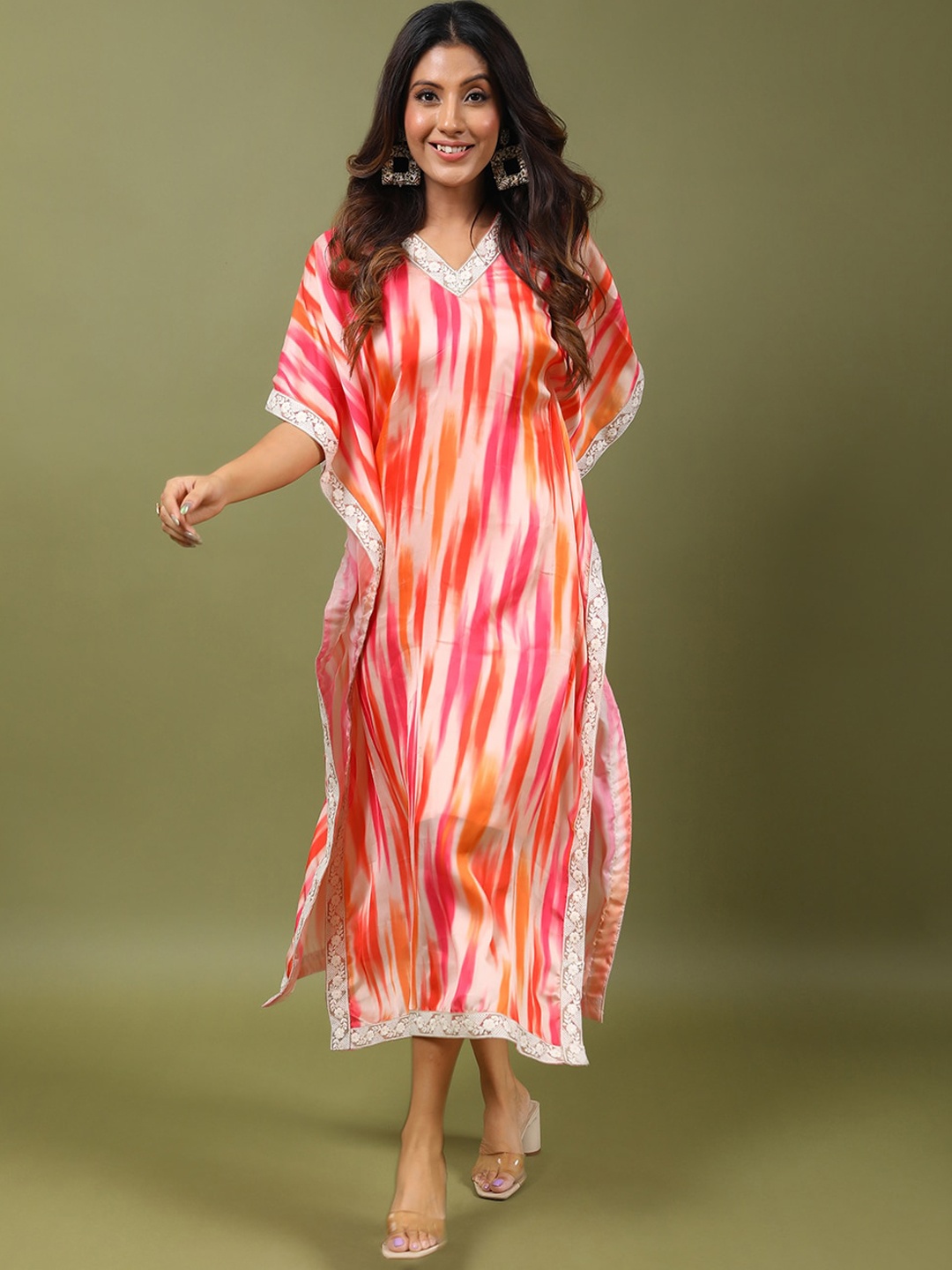 

HANDME Striped Silk Satin Kaftan Kurta, Pink
