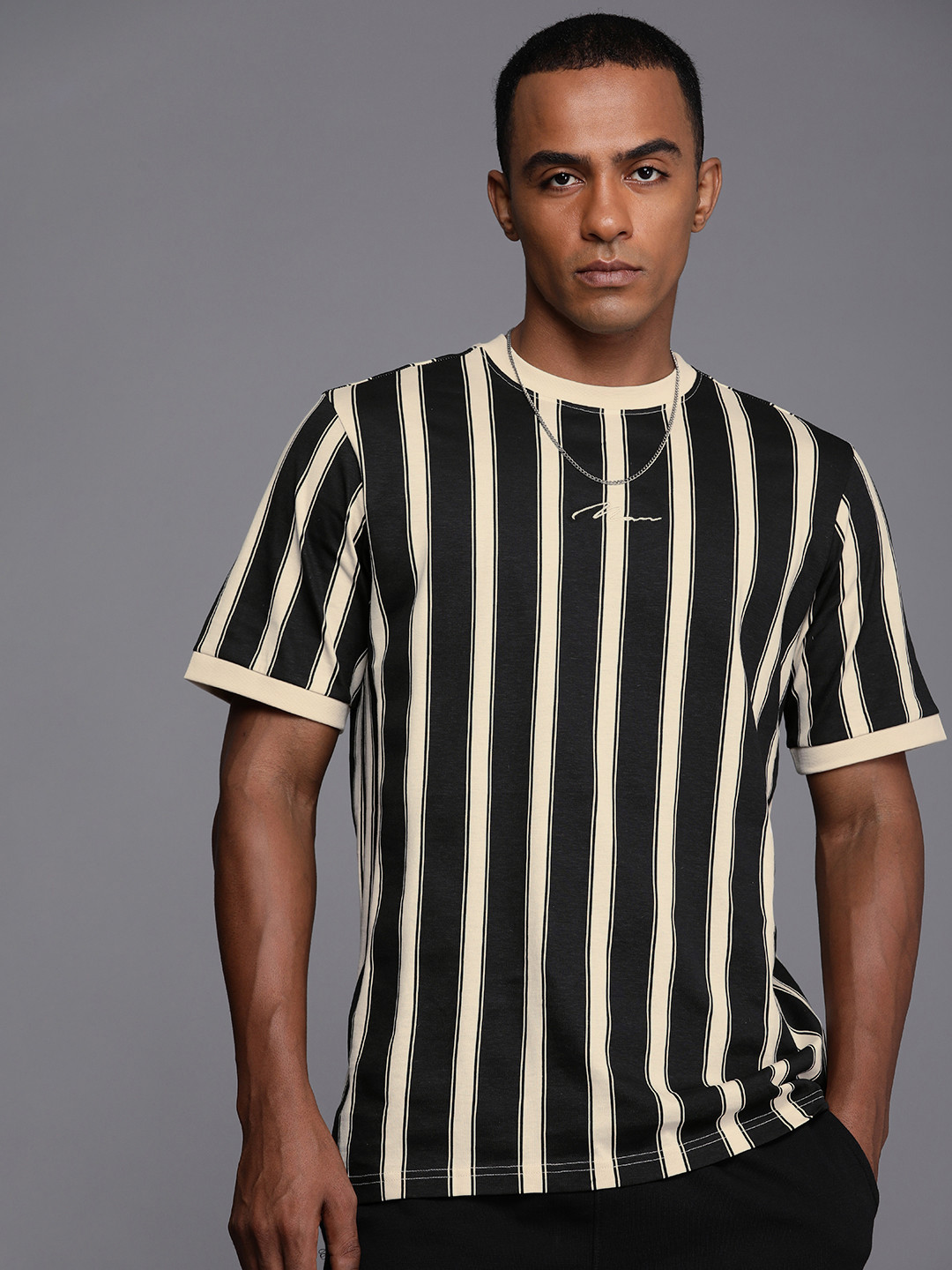 

boohooMAN Striped & Embroidered Pure Cotton T-shirt, Black