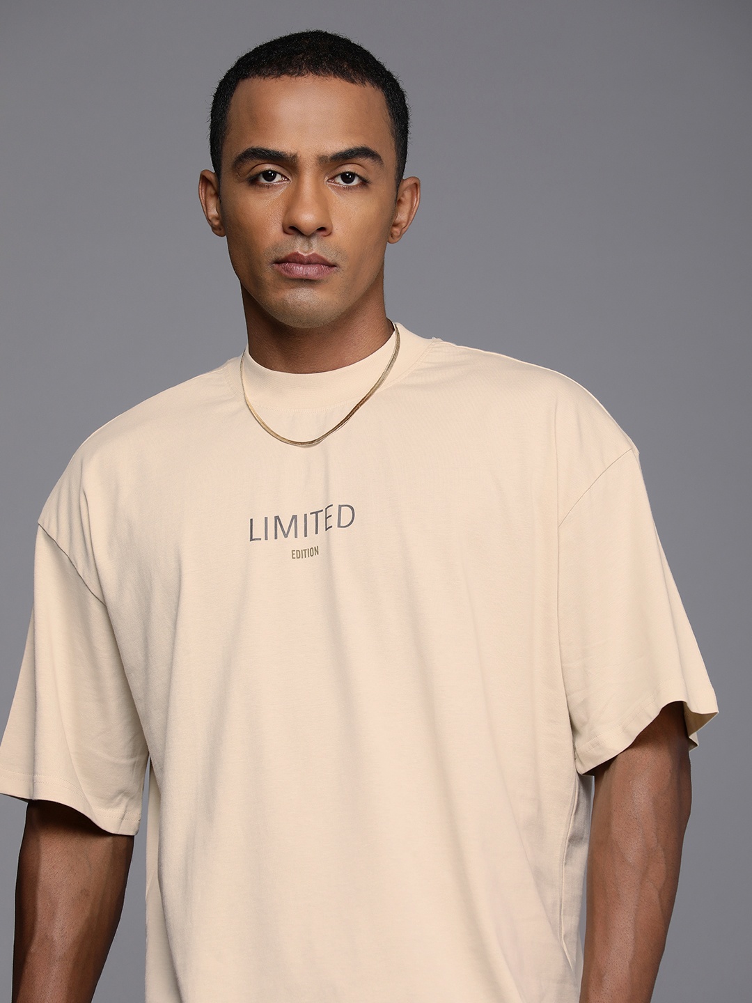 

boohooMAN Men Typography Printed Drop-Shoulder Sleeves Pure Cotton T-shirt, Beige