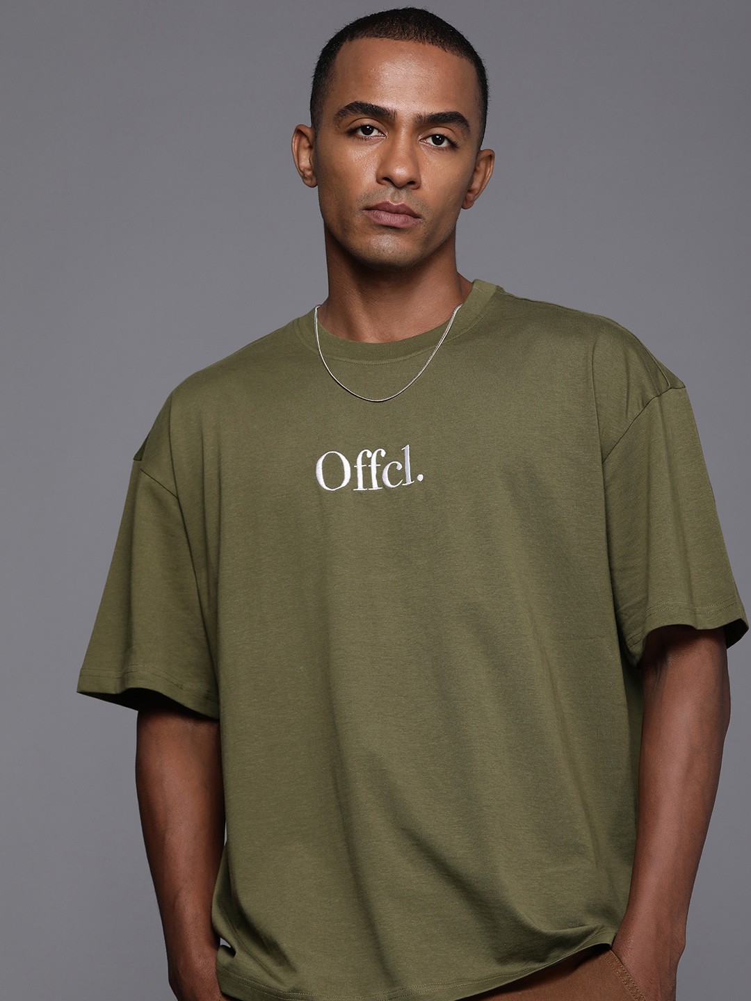 

boohooMAN Pure Cotton Embroidered Oversized Fit Drop-Shoulder Sleeves Casual T-shirt, Olive