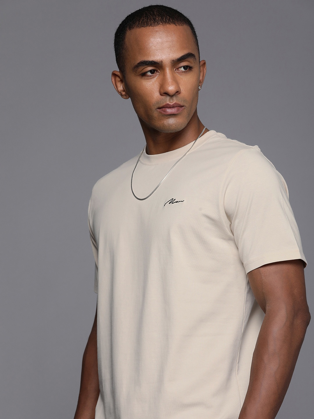 

boohooMAN Embroidered Round-Neck Casual T-shirt, Beige