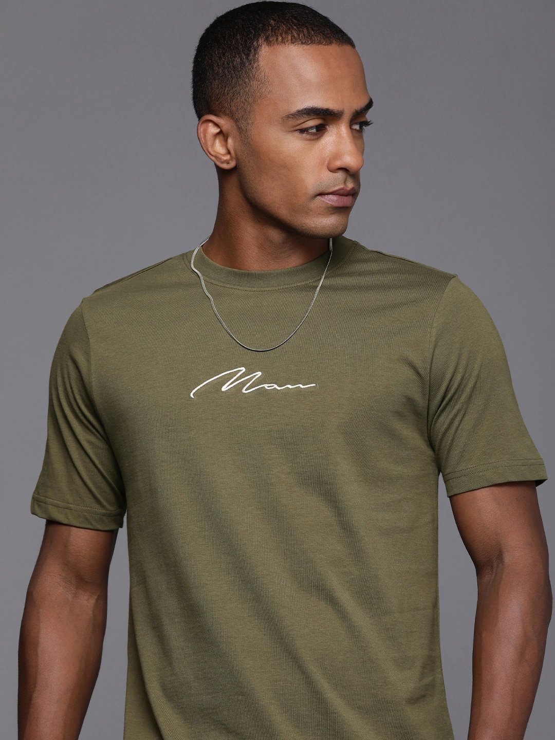 

boohooMAN Pure Cotton Typography Embroidered Casual T-shirt, Olive
