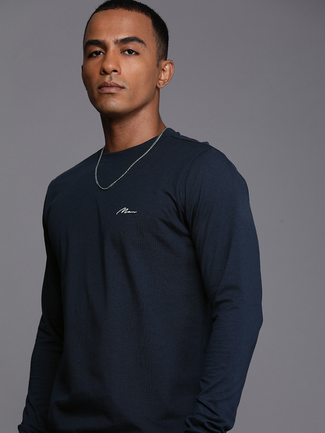 

boohooMAN Embroidered Pure Cotton Casual T-shirt, Navy blue