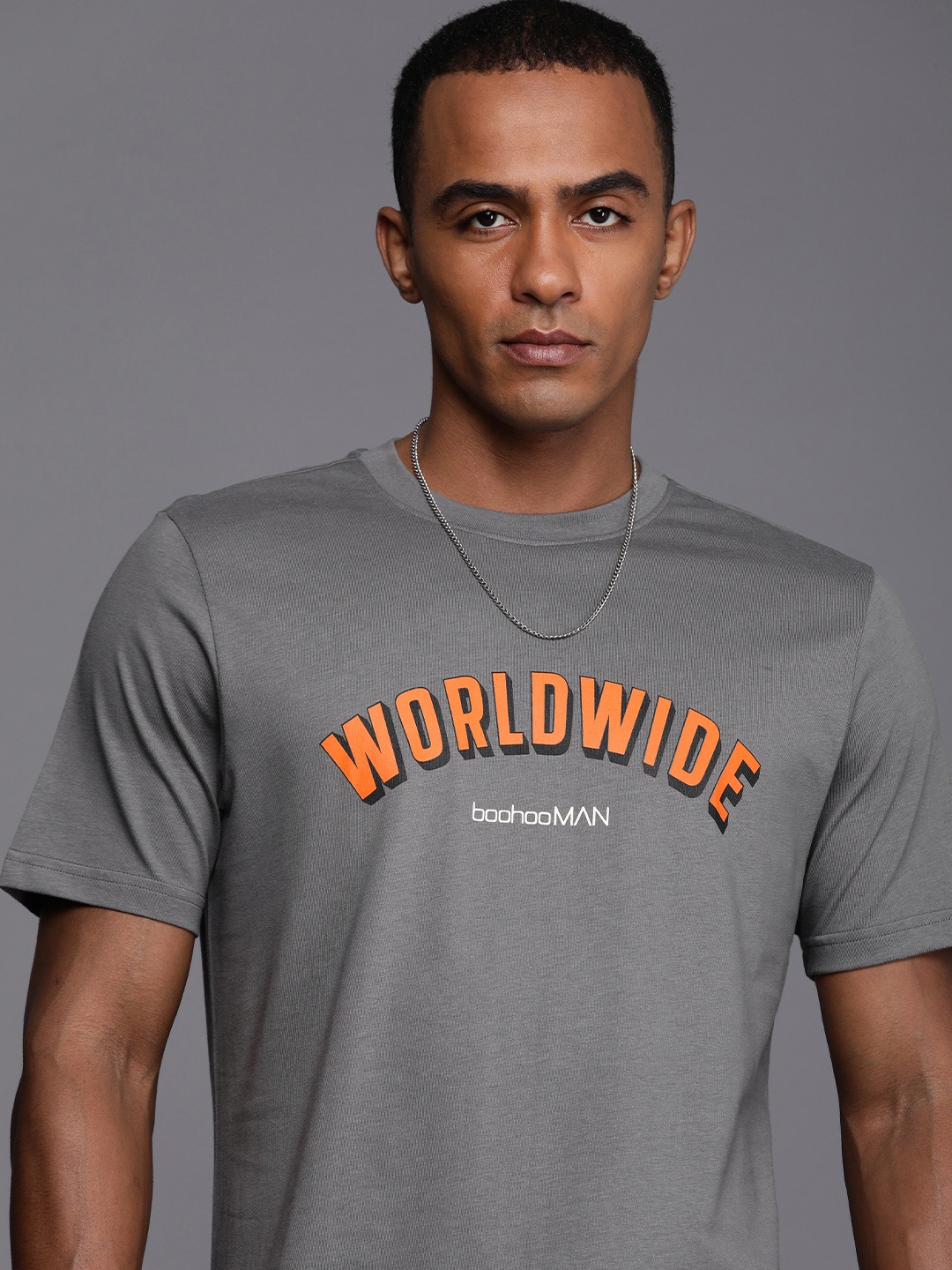 

boohooMAN Pure Cotton Typography Printed Casual T-shirt, Grey