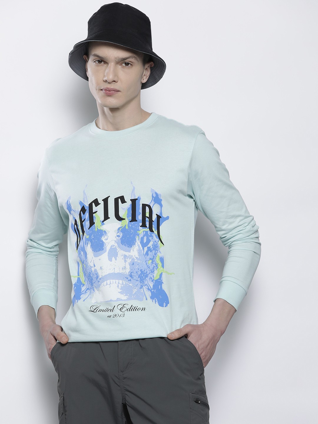 

boohooMAN Printed Pure Cotton T-shirt, Blue