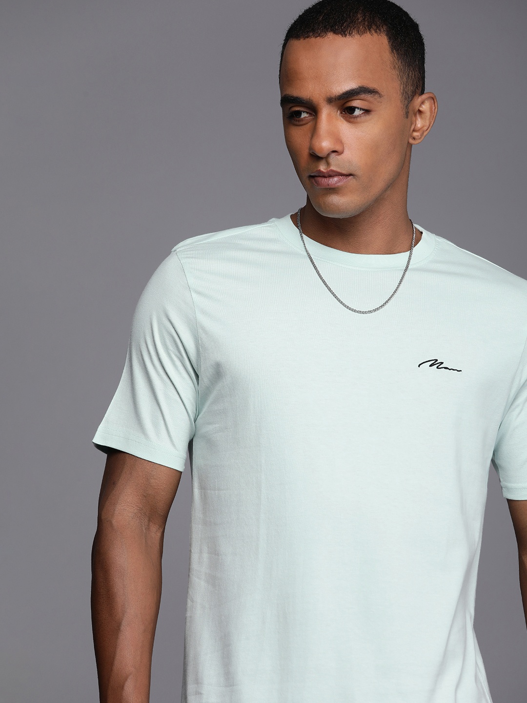 

boohooMAN Pure Cotton Brand Logo Embroidered Casual T-shirt, Blue