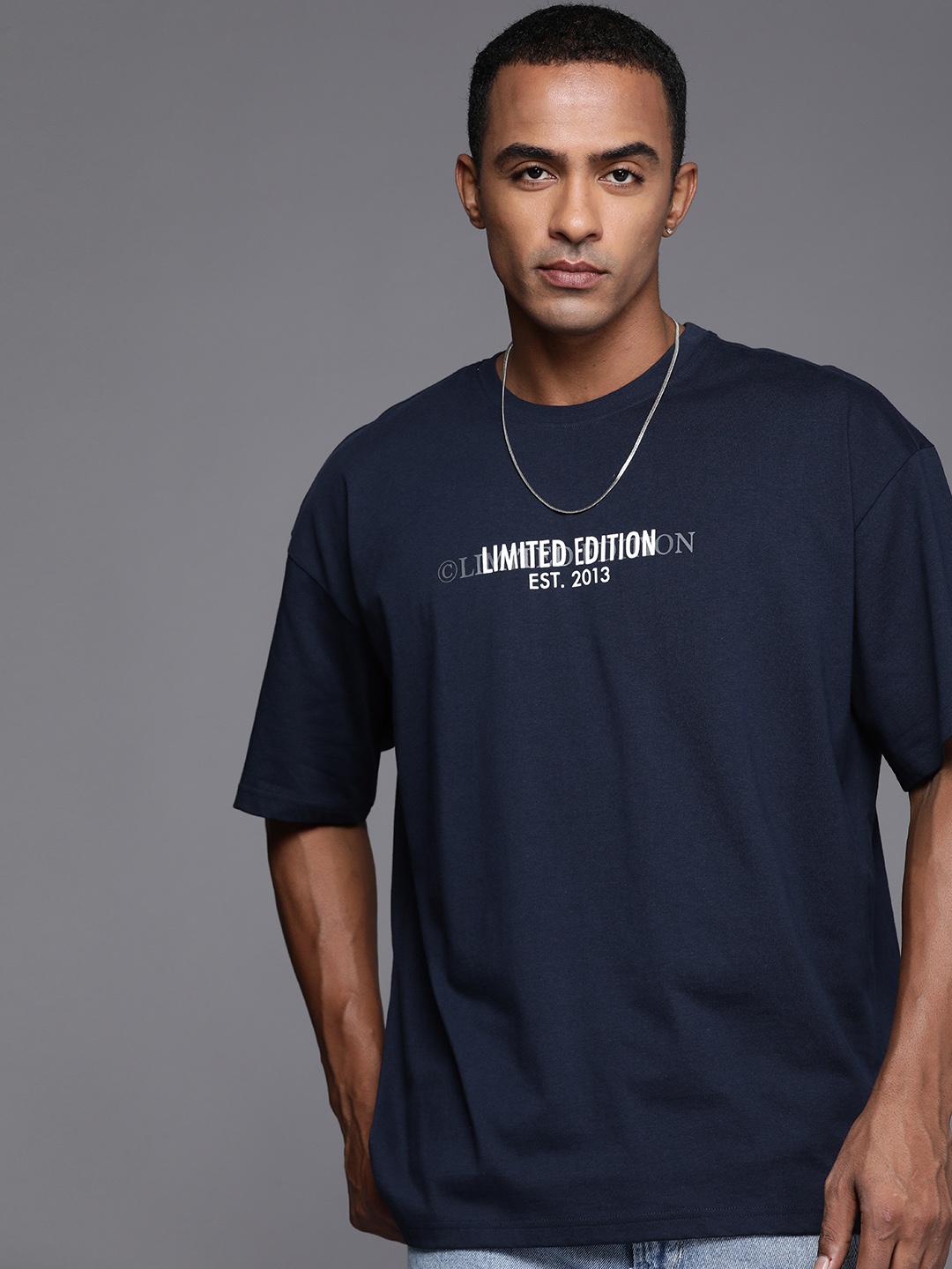 

boohooMAN Typography Printed Pure Cotton Oversized T-shirt, Navy blue
