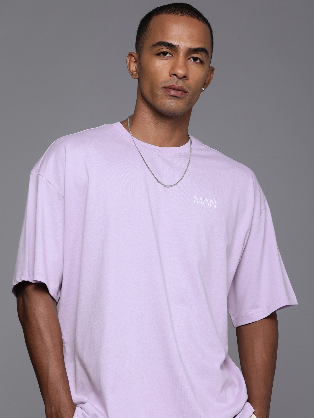 

boohooMAN Embroidered Drop-Shoulder Sleeves Pure Cotton Oversized T-shirt, Lavender