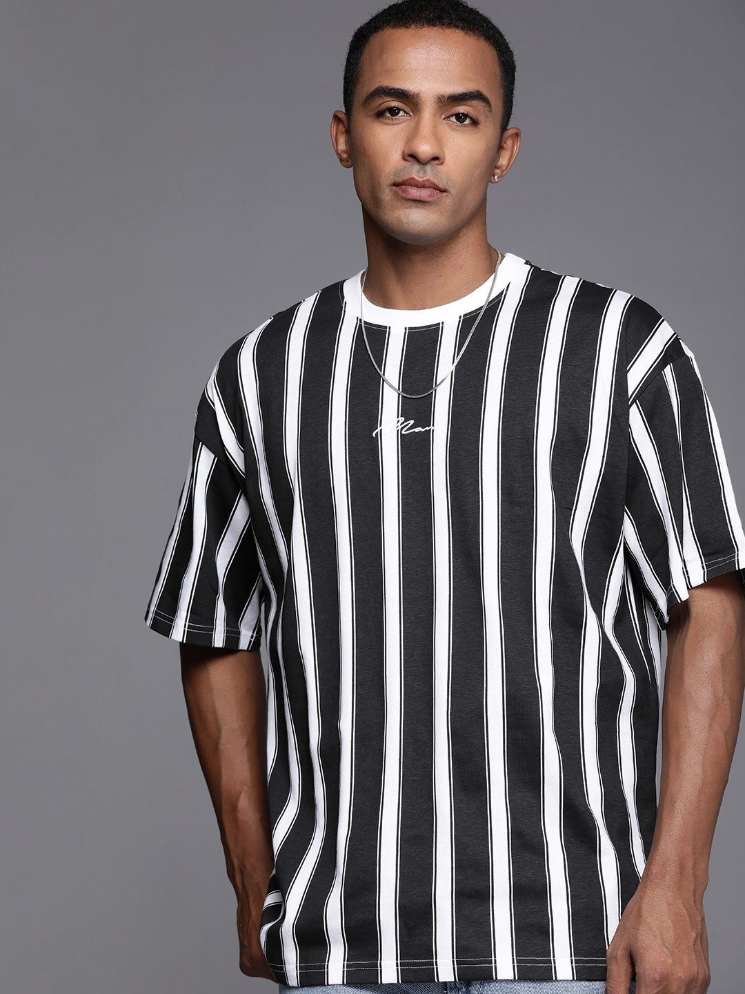 

boohooMAN Striped Pure Cotton Oversized T-shirt, White