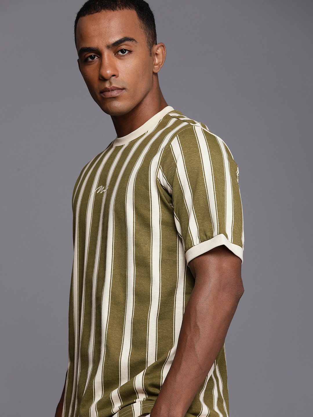 

boohooMAN Striped And Embroidered Pure Cotton T-shirt, Olive