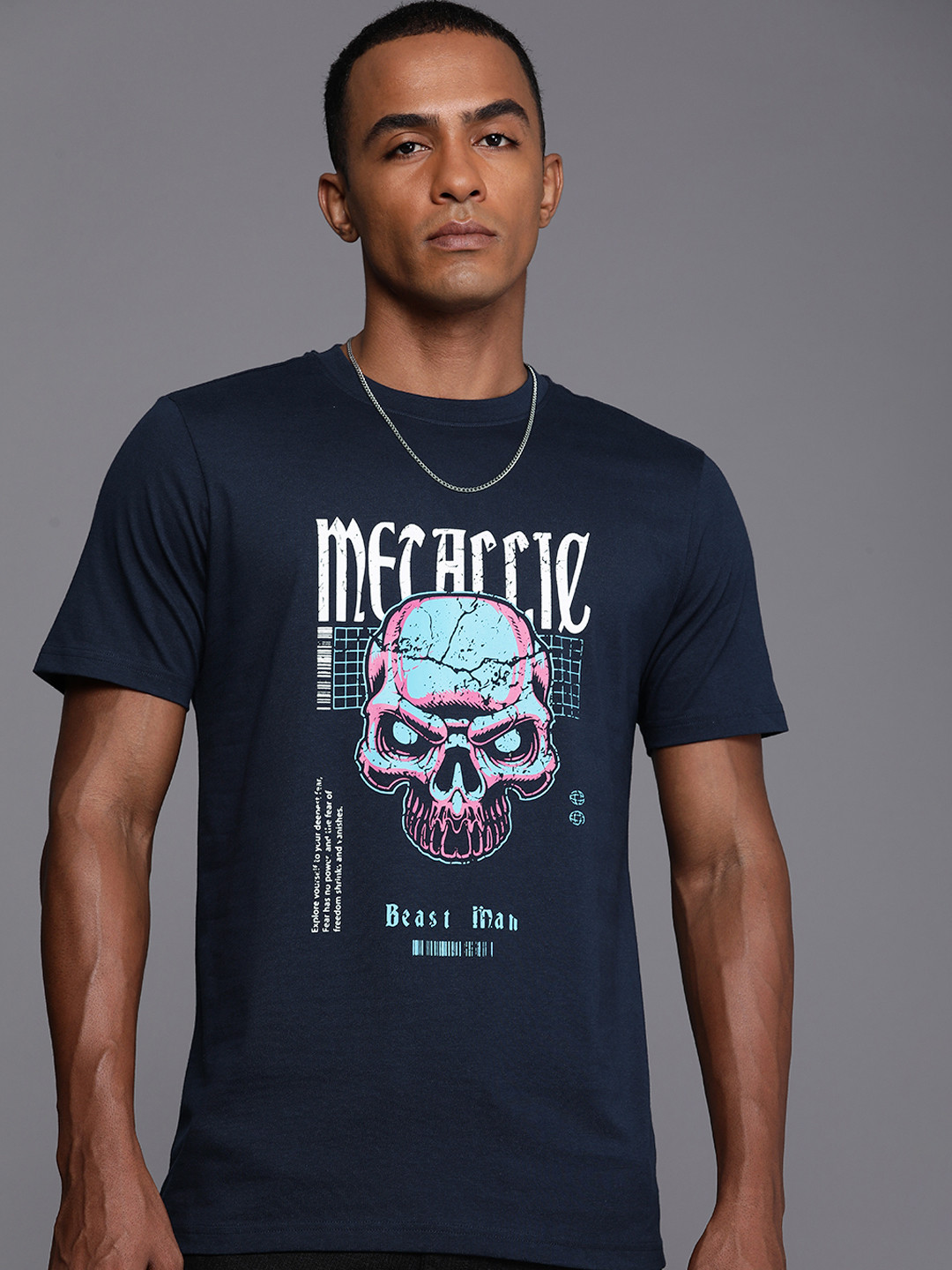 

boohooMAN Graphic Printed Pure Cotton Casual T-shirt, Navy blue