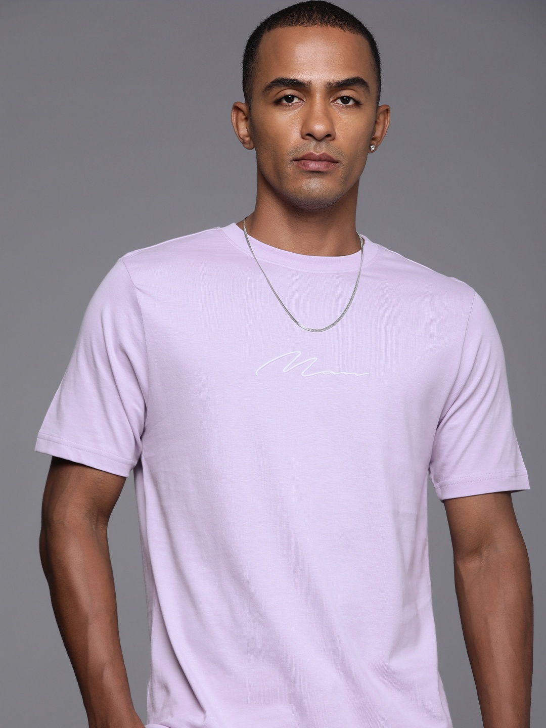 

boohooMAN Embroidered Pure Cotton Casual T-shirt, Lavender