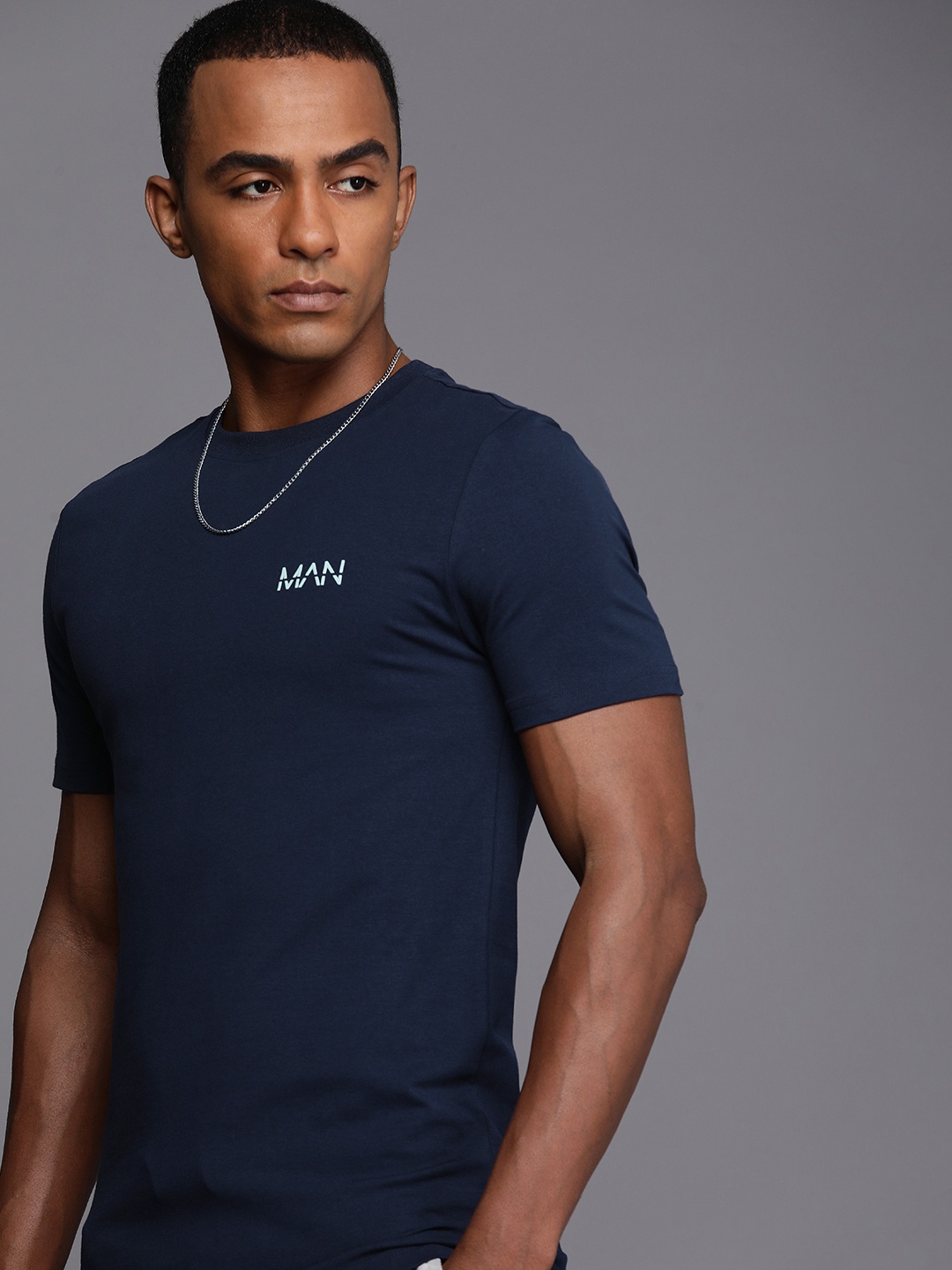 

boohooMAN Pure Cotton Applique Casual T-shirt, Navy blue