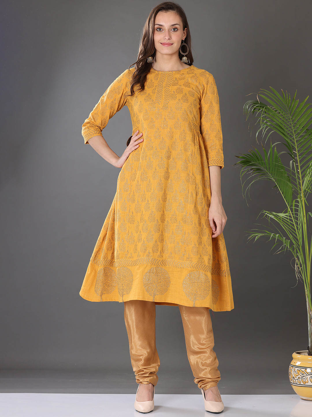 

KAANCHIE NANGGIA Ethnic Motifs Printed Pure Cotton Kurta with Churidar, Yellow