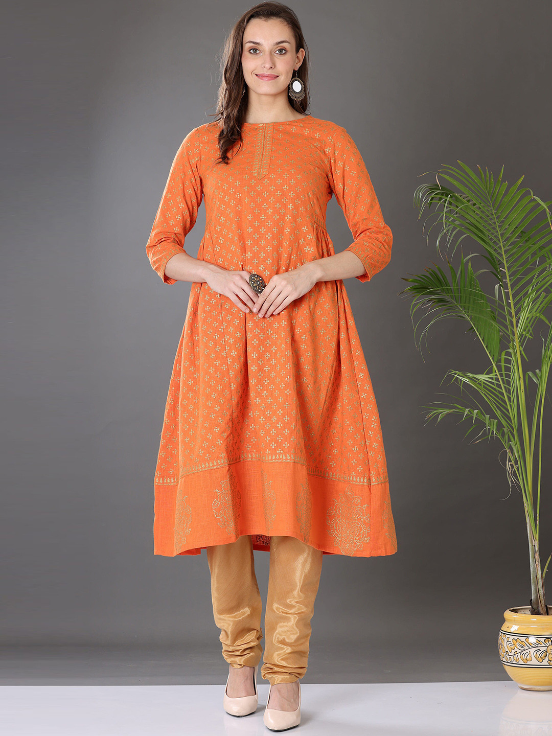

KAANCHIE NANGGIA Ethnic Motifs Printed A-Line Pure Cotton Kurta with Churidar, Orange