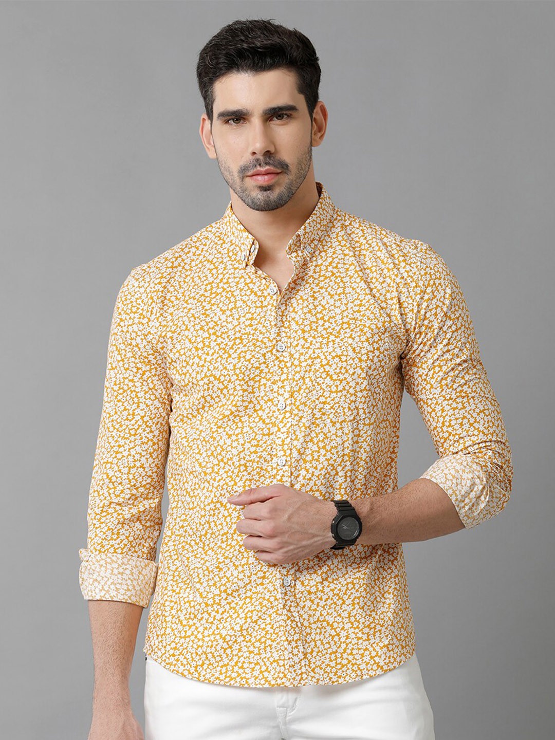 

YOVISH Comfort Floral Printed Button-Down Collar Cotton Casual Shirt, Mustard