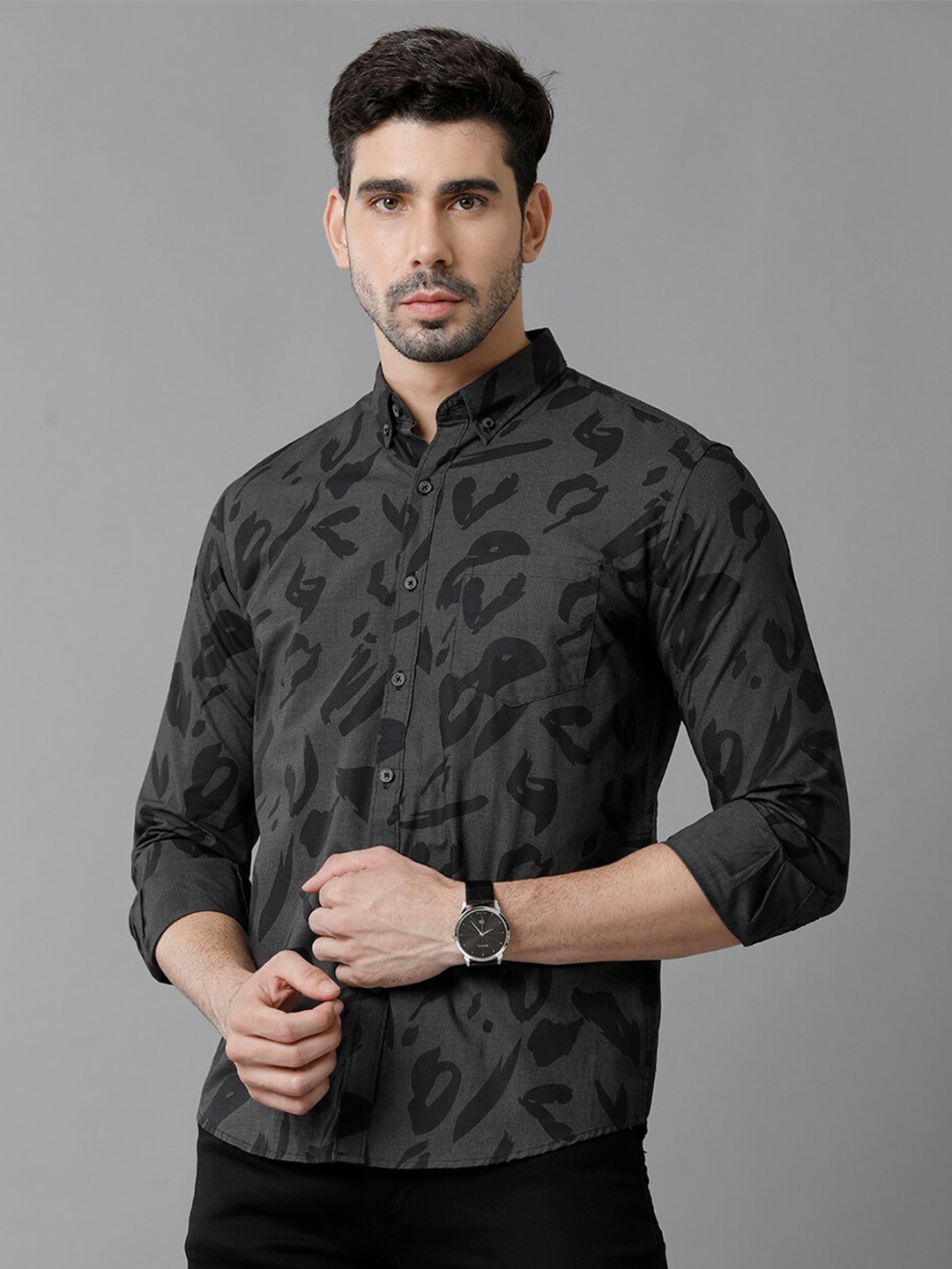 

YOVISH Comfort Abstract Printed Button-Down Collar Cotton Casual Shirt, Grey